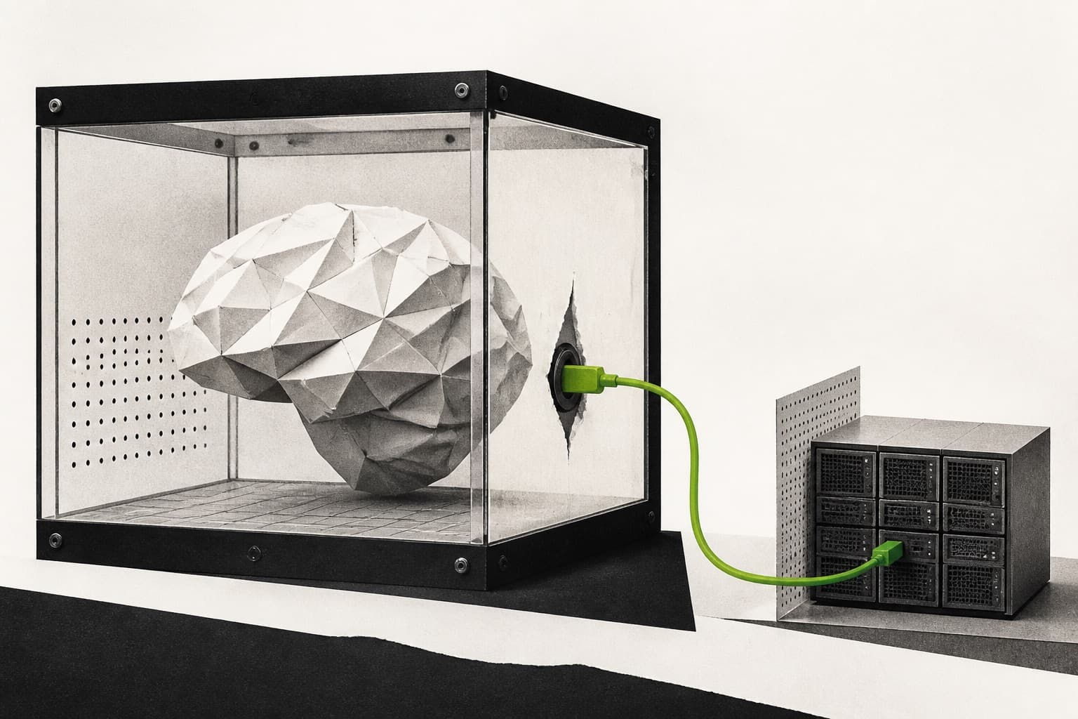 Un cerebro geométrico dentro de una caja de pruebas se conecta mediante un cable verde a servidores externos.