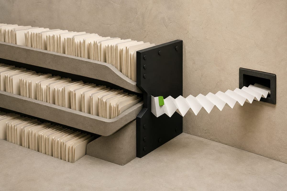 Tres filas de expedientes llenan una puerta de revisión mientras un único documento plegado entra por una ranura con una pestaña verde.