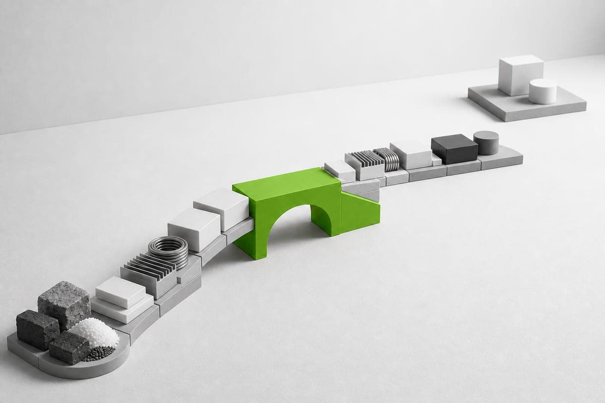 Una cadena de minerales y componentes en blanco, negro y gris atraviesa un puente verde y apunta hacia una plataforma aún separada.