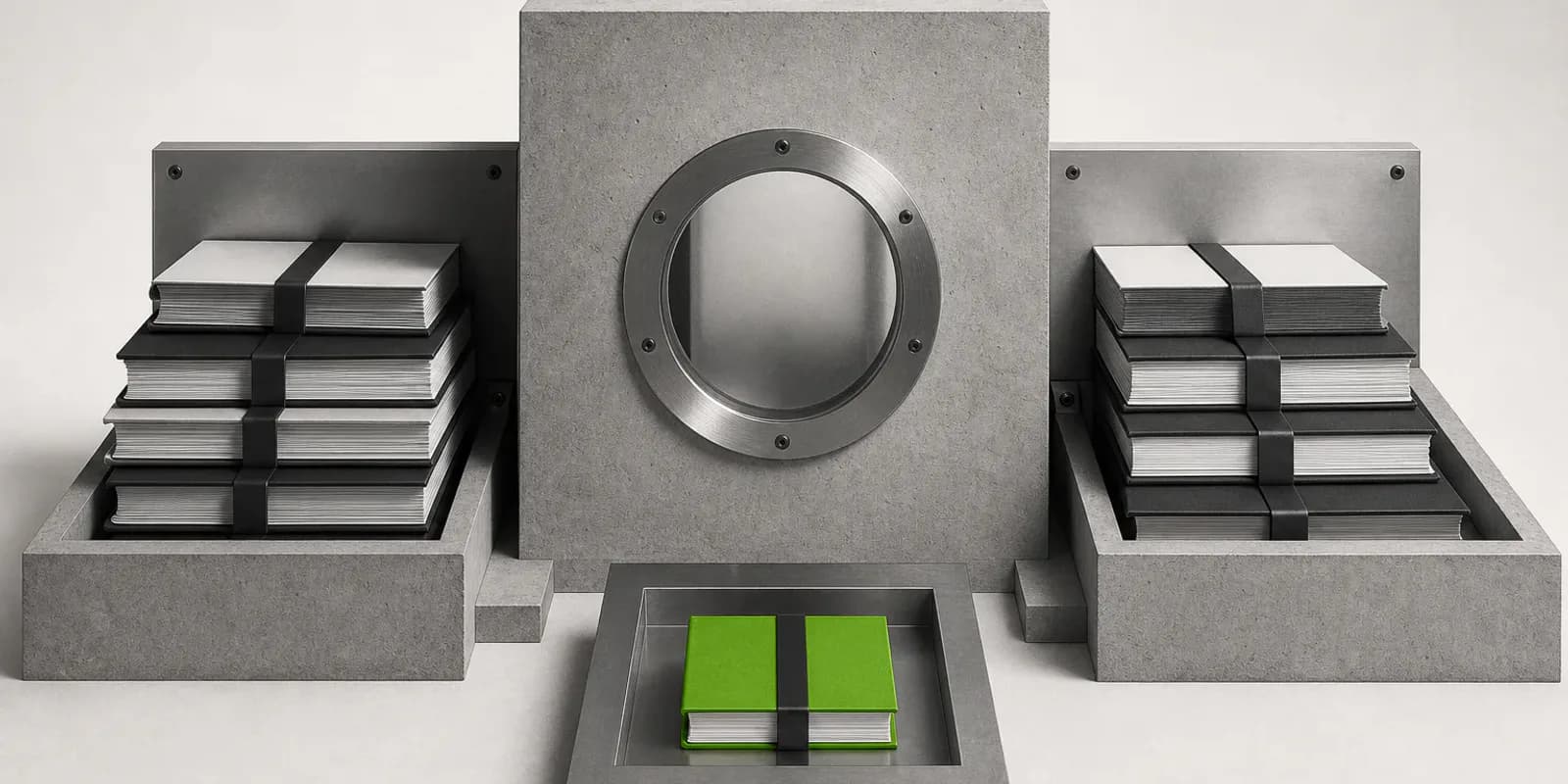 Dos bloques de expedientes flanquean una máquina de revisión circular que entrega un único dossier verde.