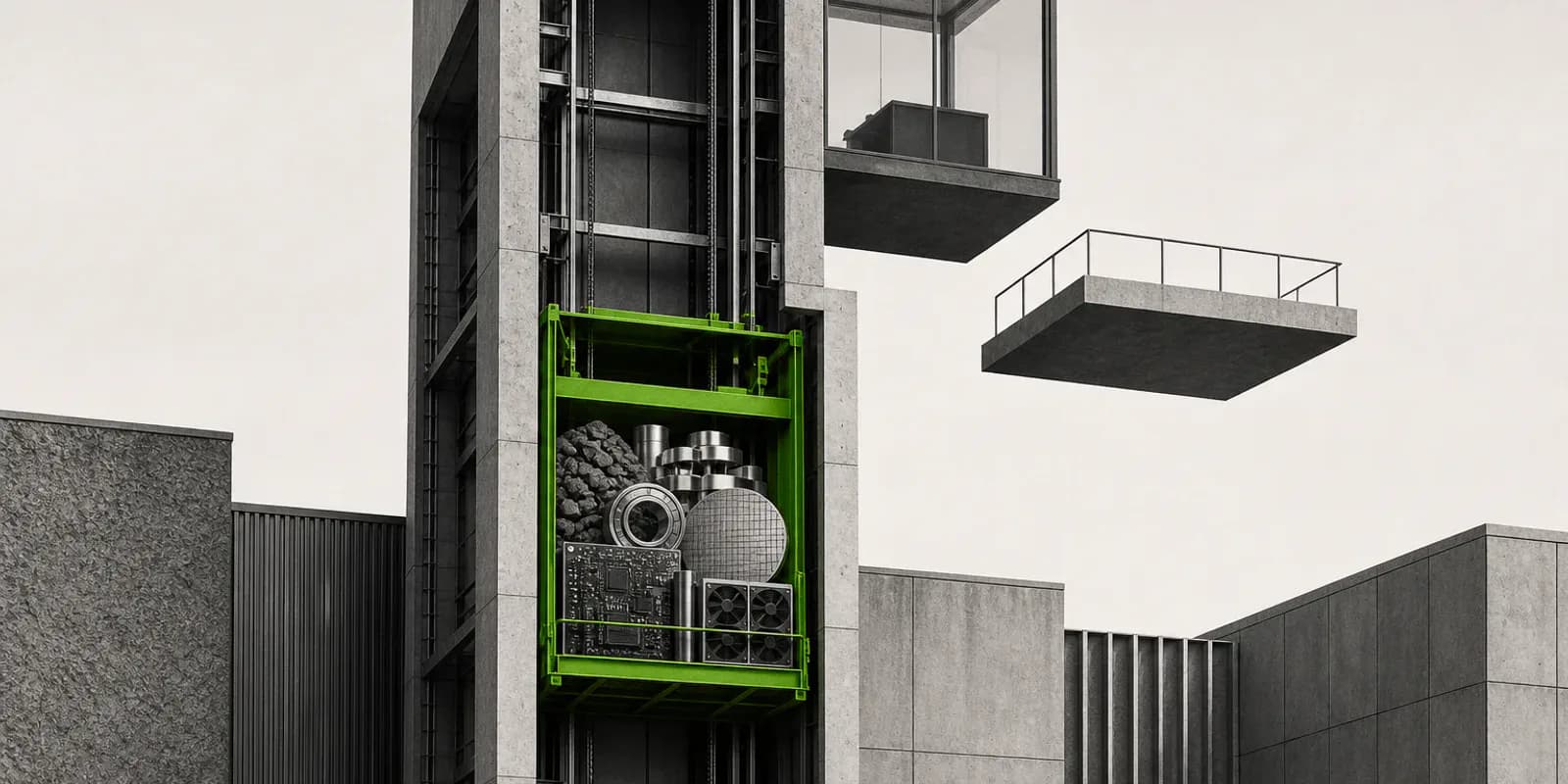 Un montacargas verde eleva minerales, obleas y componentes por una torre industrial hacia plataformas todavía separadas.
